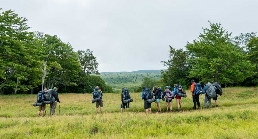 A group of backpackers hike through a green grassy field 